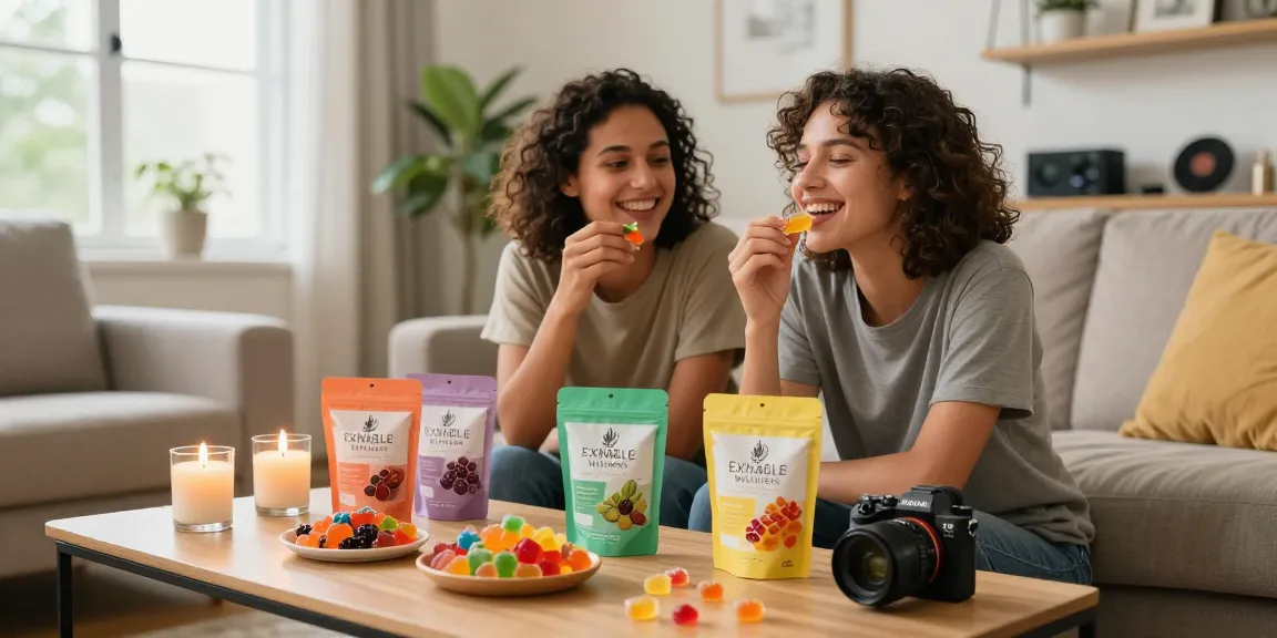 Couple enjoying top-rated THC gummies in a cozy living room setting, depicting relaxation and flavor diversity.
