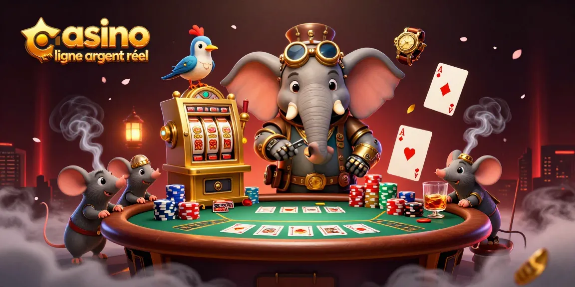 Jouer dans un casino en ligne argent réel avec un éléphant ingénieur steampunk et des éléments de poker.