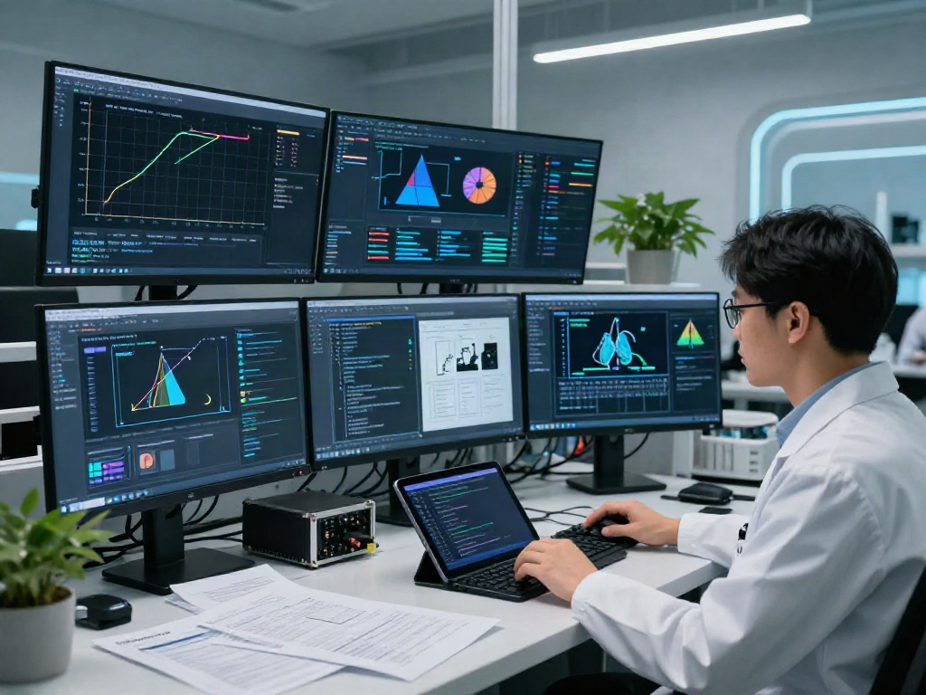 AI Image Detection laboratory scene with a data scientist analyzing data on multiple monitors, showcasing advanced technology.
