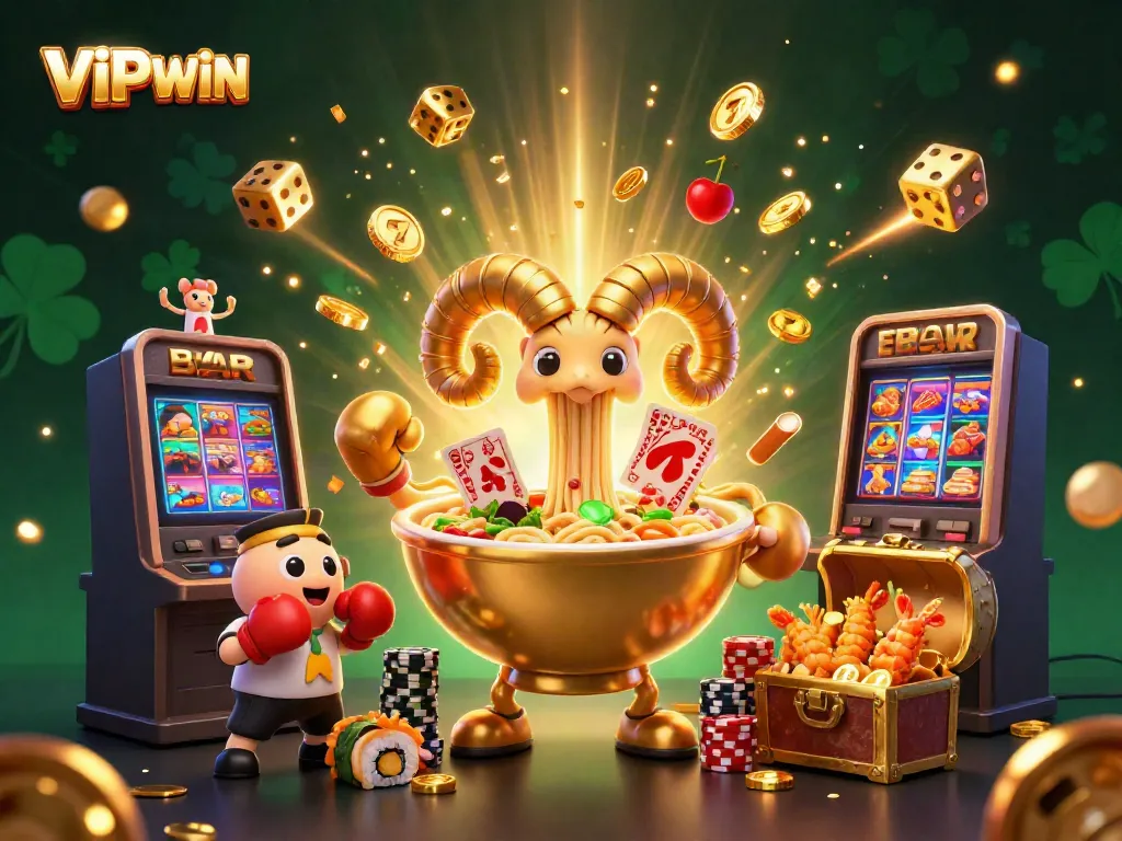 Experience the thrill of VIPWIN with a vibrant illustrated scene showcasing playful characters and exciting casino elements.