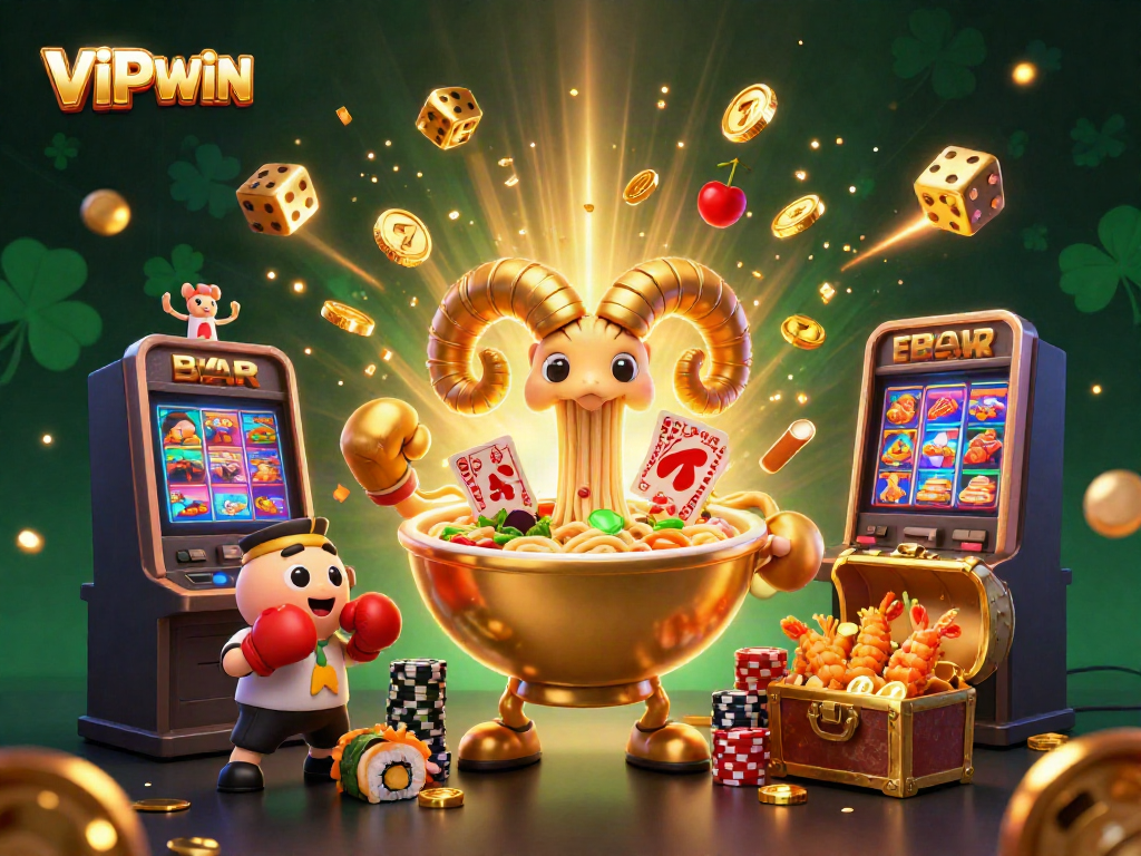 Experience the thrill of VIPWIN with a vibrant illustrated scene showcasing playful characters and exciting casino elements.