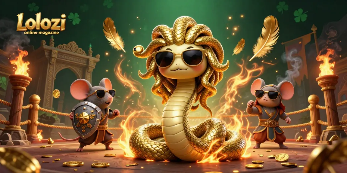 Lolozi online magazine presents a vibrant 3D illustration of Medusa and a warrior mouse in a gambling arena.