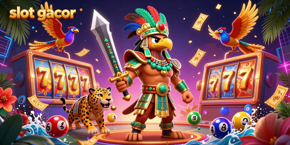 Engage with slot gacor visuals depicting an Aztec warrior and gaming elements in a dynamic casino scene.