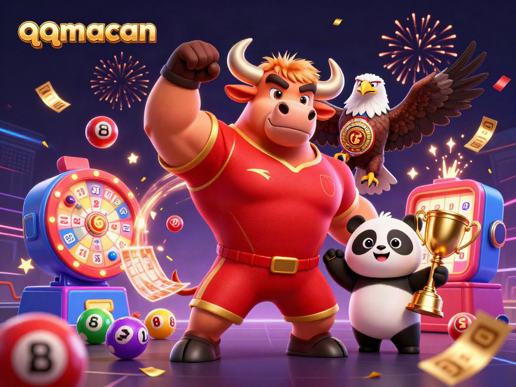 Experience thrilling wins with qqmacan as characters cheer amidst vibrant lottery and casino elements.