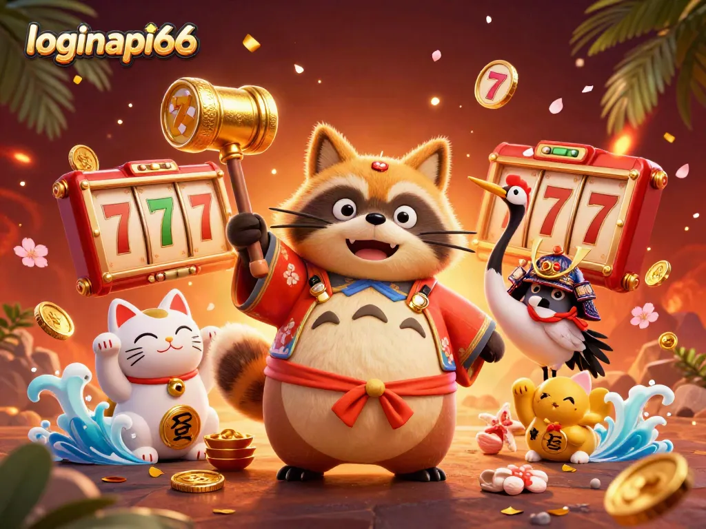 Experience thrilling gameplay action with loginapi66's vibrant illustration showcasing lucky symbols and characters.