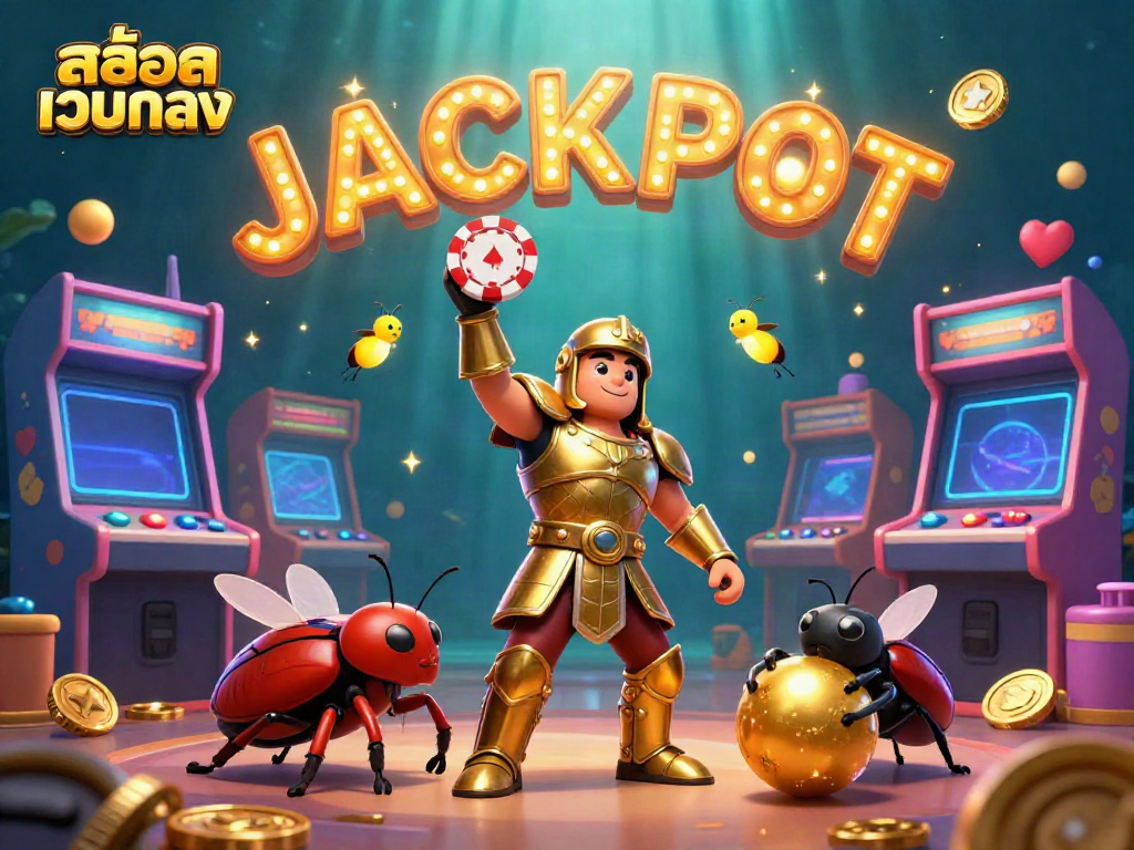 Play slots with excitement and win big at สล็อตเว็บตรง featuring a victorious beetle and vibrant game elements.
