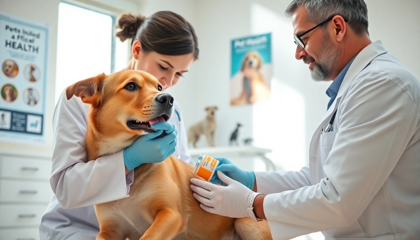 Veterinarian treating a dog's joint inflammation with DMSO for dogs in a bright clinic.