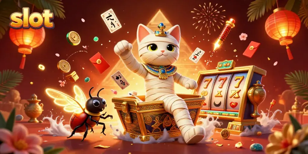 Memutar slot di kasino dengan karakter kucing mummy dan elemen judi yang bercahaya.