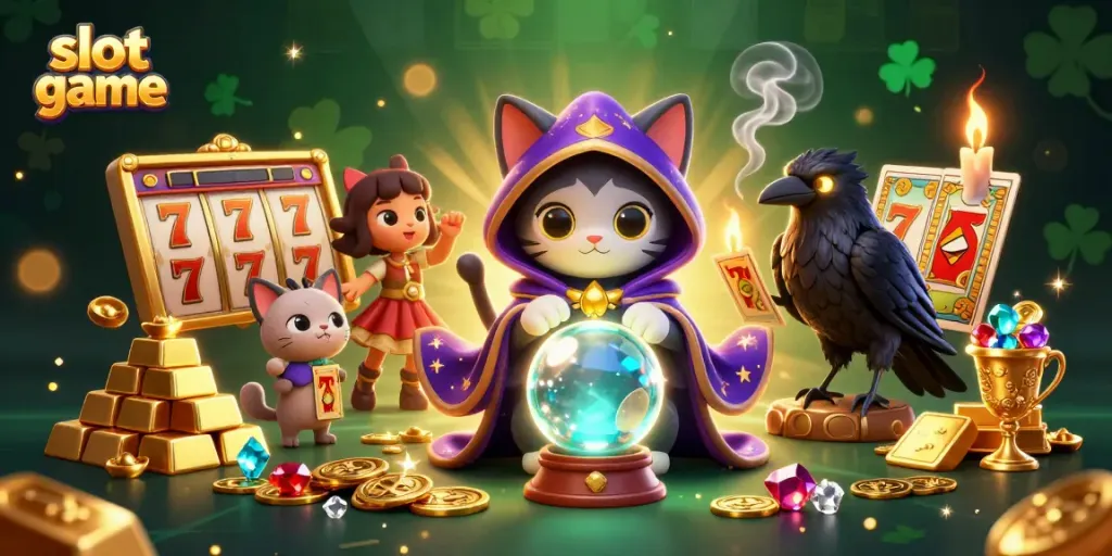 Experience thrilling slot game action with magical characters and golden treasures in this vibrant casino scene.
