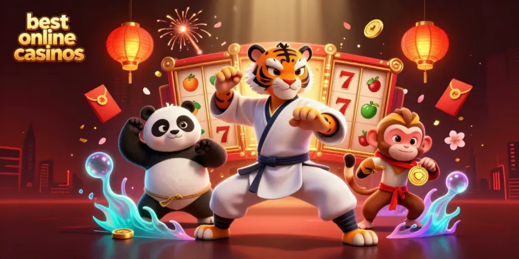 Engaging 3D scene showcasing the best online casinos theme with a kung fu tiger master and playful elements.