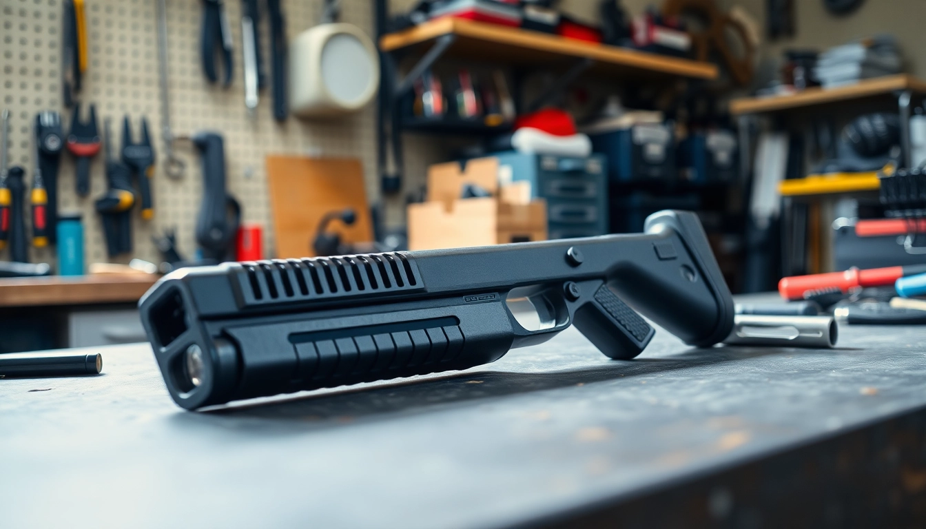 Showcase a glock slide with intricate designs and precision in a workshop setting.