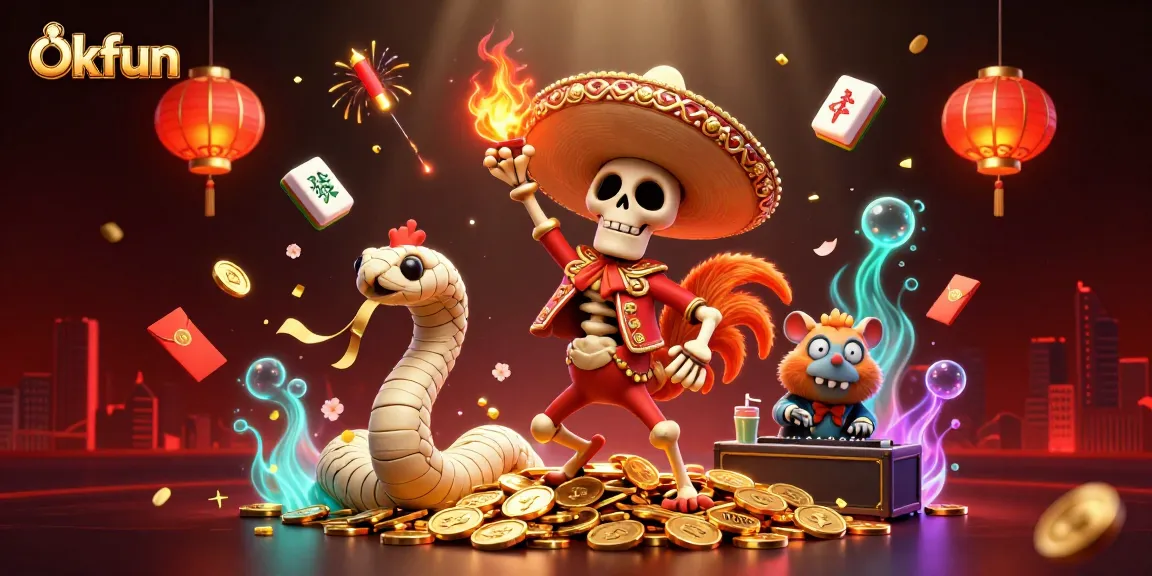 Experience the thrill of Okfun with a vibrant 3D casino scene featuring dynamic characters and game elements.
