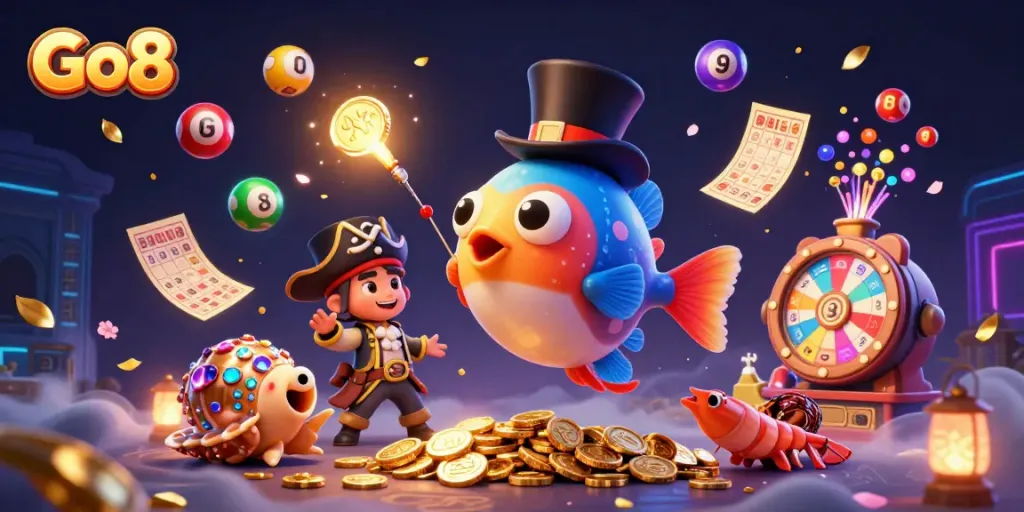 Go8 casino illustration featuring deep-sea anglerfish, pirate shrimp, and treasure snail amidst vibrant gaming elements.
