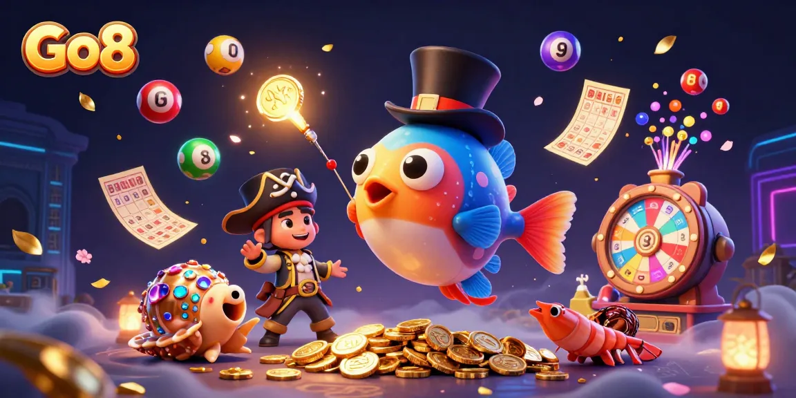 Go8 casino illustration featuring deep-sea anglerfish, pirate shrimp, and treasure snail amidst vibrant gaming elements.