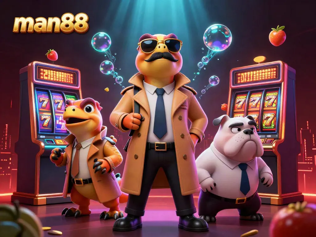 Experience man88's thrilling casino atmosphere as three raptors in disguise navigate a VIP lounge full of slot machines.