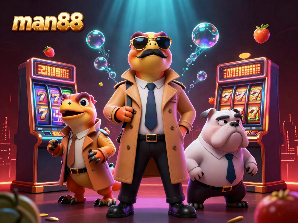 Experience man88's thrilling casino atmosphere as three raptors in disguise navigate a VIP lounge full of slot machines.