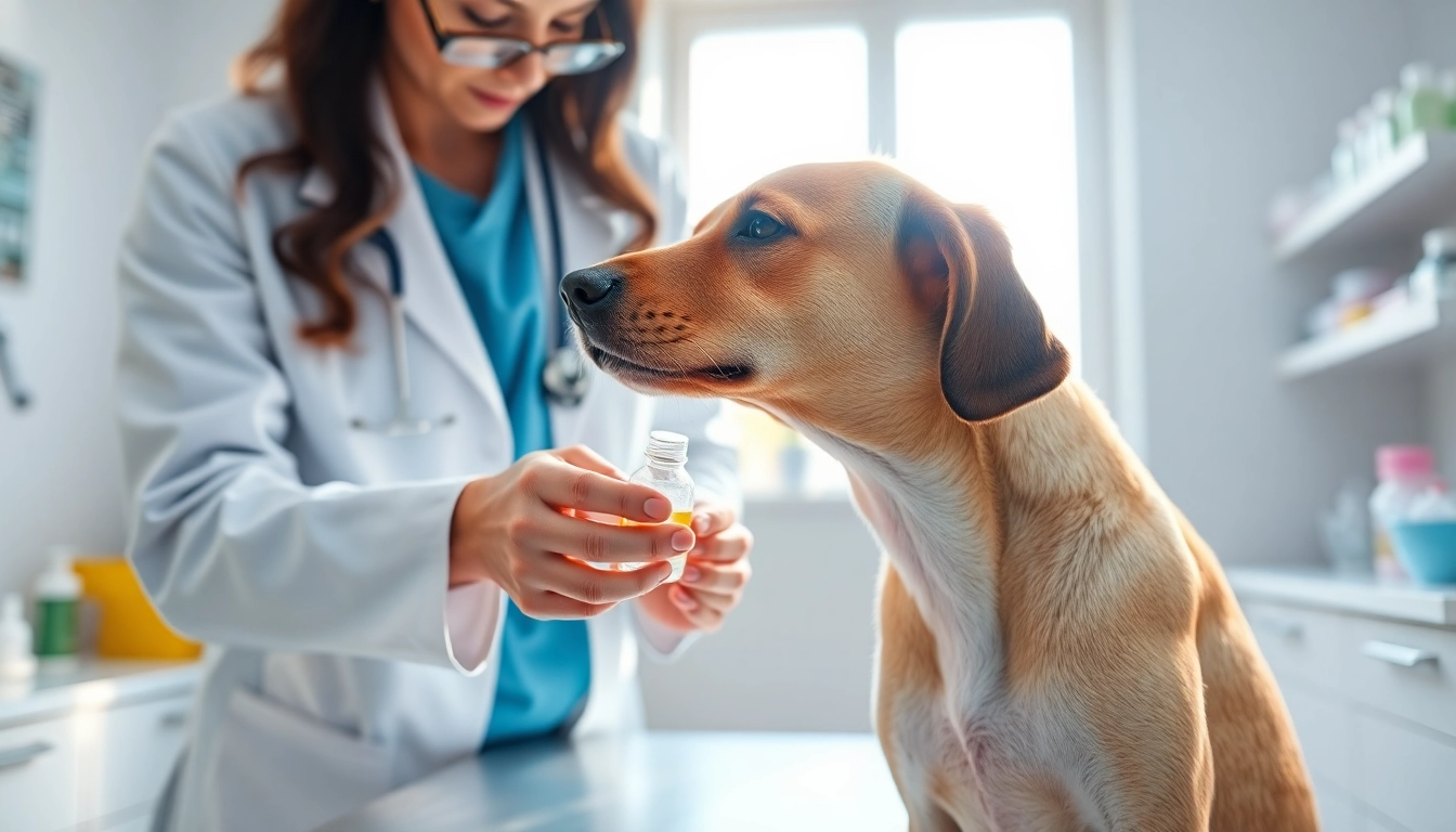 Veterinarian applying DMSO for dogs in a bright vet clinic for treatment.
