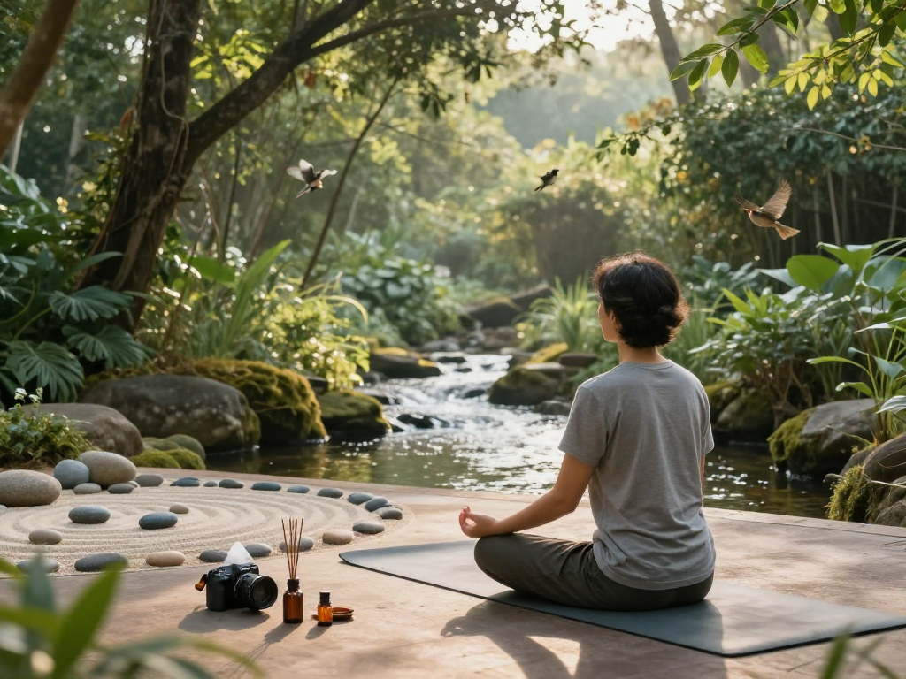 Experience mantra88 meditation in a tranquil nature scene, promoting mindfulness and wellness