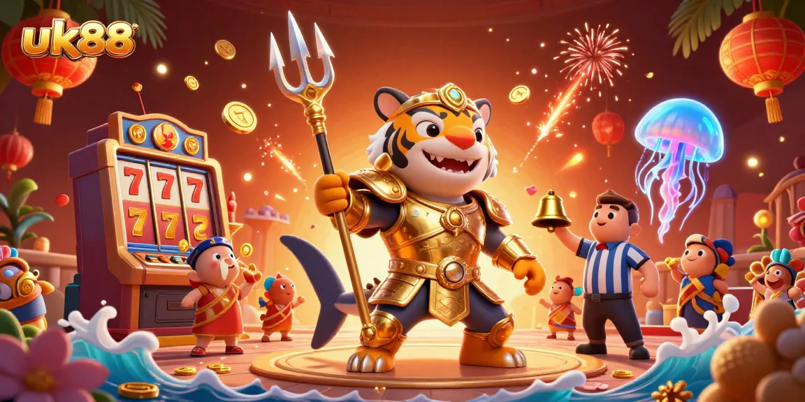 Experience the thrill of uk88 online gaming with a vibrant underwater casino scene featuring a tiger shark and playful sea creatures.