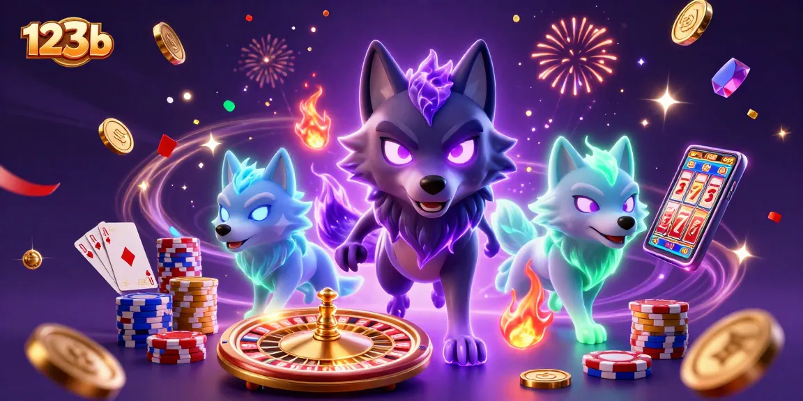 Engage with 123b's thrilling 3D fantasy casino scene featuring wolf characters, coins, and games.