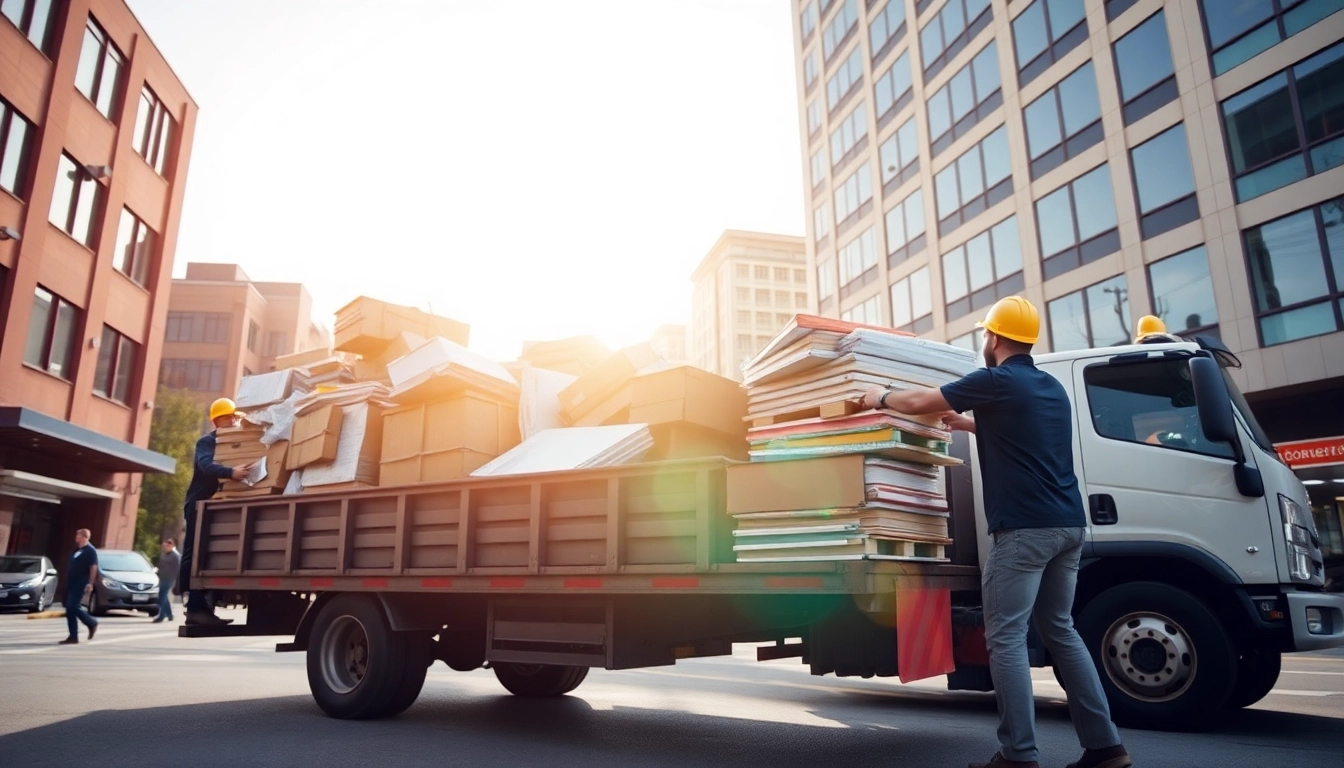Hauling service deploying a truck to transport goods efficiently in an urban environment.