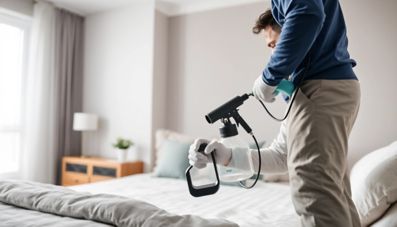 Performing effective bed bug removal with professional pest control techniques in a modern bedroom.