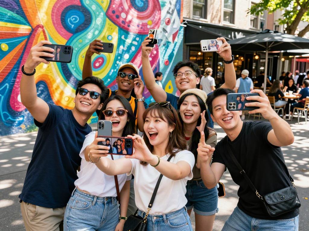 Group of friends comparing selfies, discovering who looks like a celebrity in a vibrant urban setting.