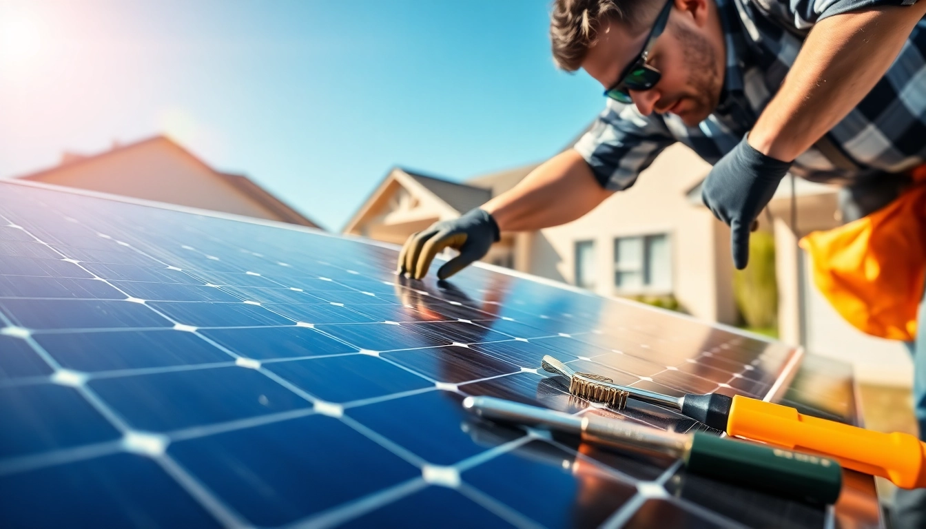Technician engaged in solar panel repair highlighting tools and safety in a bright outdoor setting.