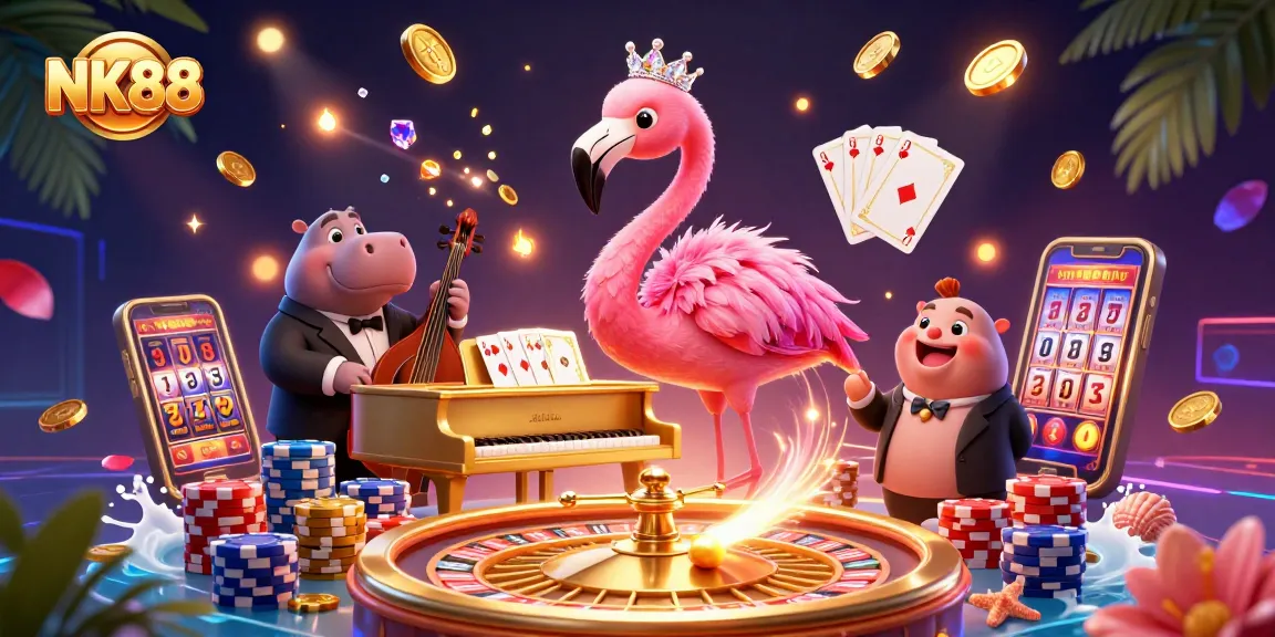Navigating NK88's thrilling gaming experiences with vibrant casino-themed illustration