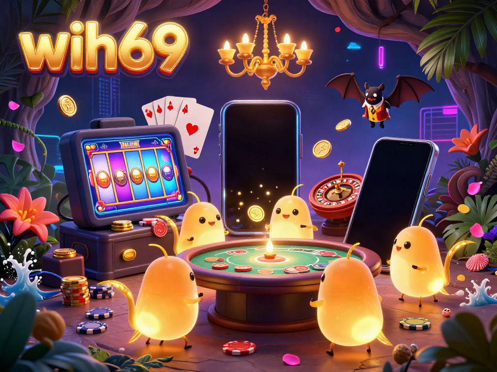 Glowworms menerangi kasino gua di wih69 dengan elemen permainan pada layar ponsel dan chip poker berserakan.