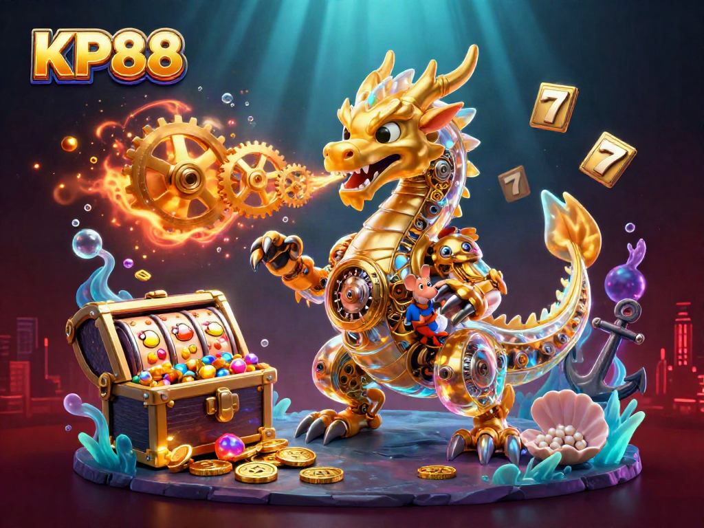 Experience KP88 animated thrills with a dragon, gold treasures, and lively slot game elements.