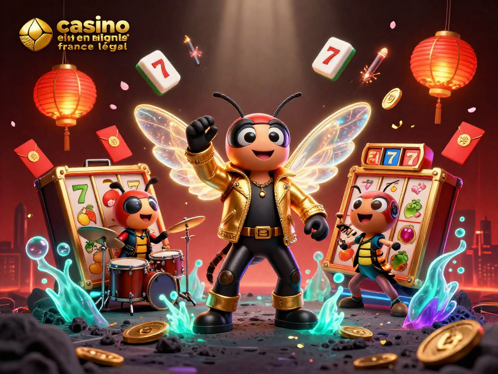 Scène vibrante de casino en ligne légal en France avec une rock star et des éléments colorés.
