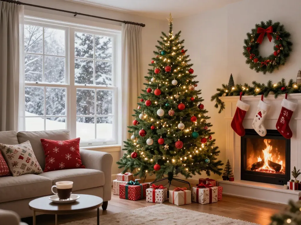 Inviting living room with a skinny Christmas tree adorned with lights and ornaments, cozy holiday atmosphere.