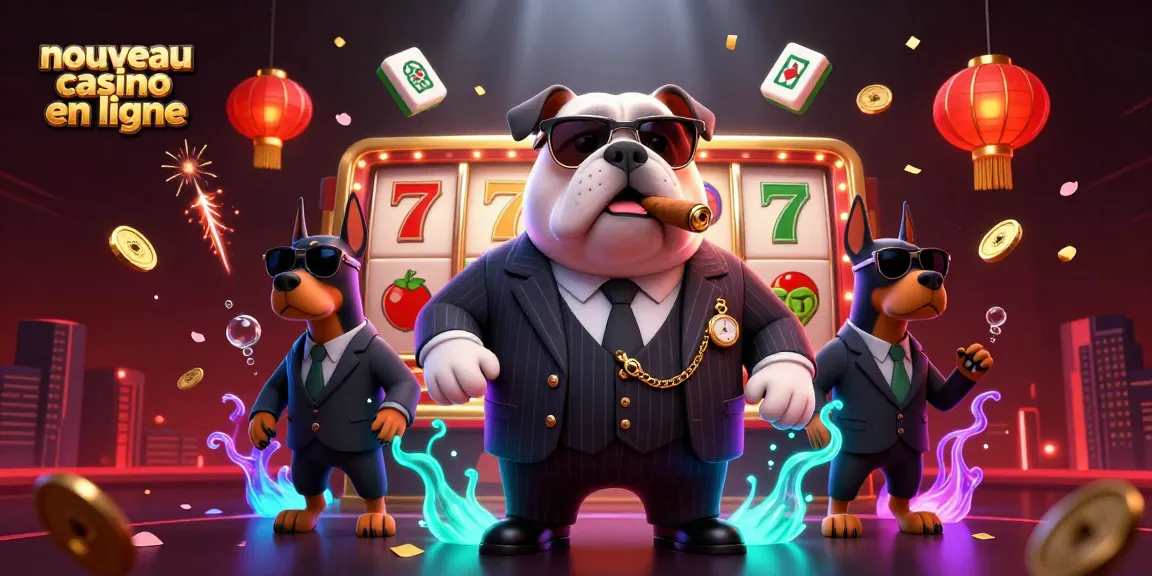 Illustration dynamique pour un nouveau casino en ligne avec un bulldog mafieux et des éléments de jeu captivants.