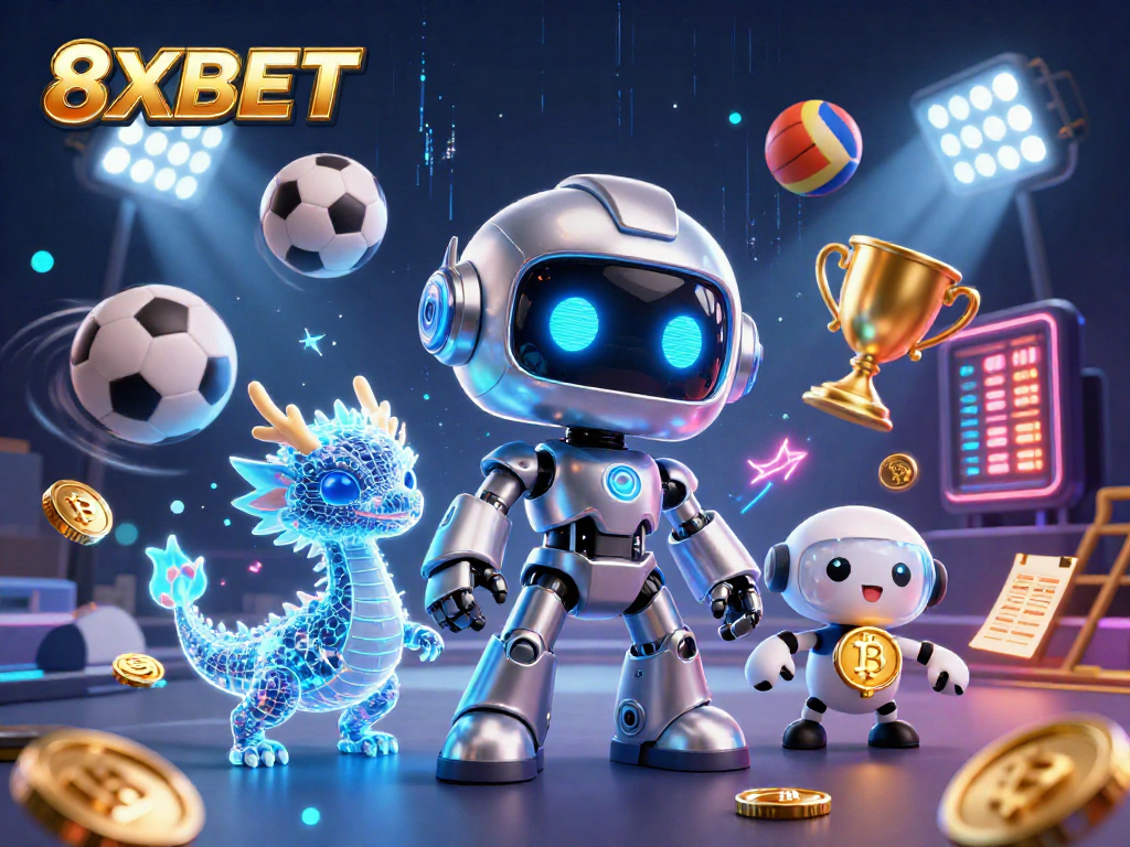 Experience sports betting excitement with 8XBET featuring a futuristic scene of vibrant 3D characters and elements.