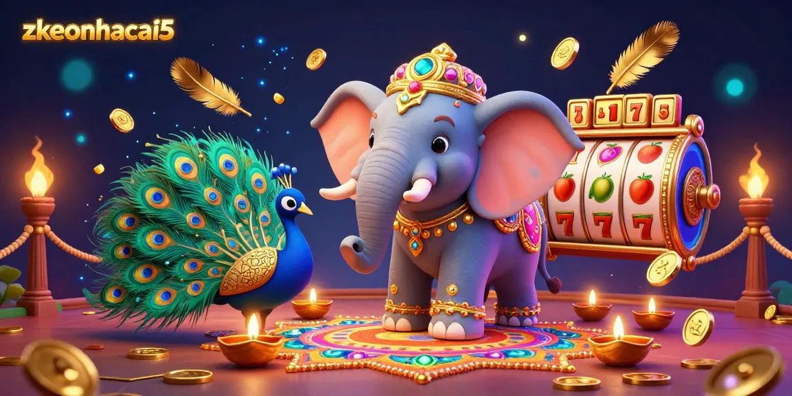 Experience thrilling gameplay with zkeonhacai5's vibrant 3D casino scene featuring a Diwali-themed elephant, slot reels, and colorful elements.
