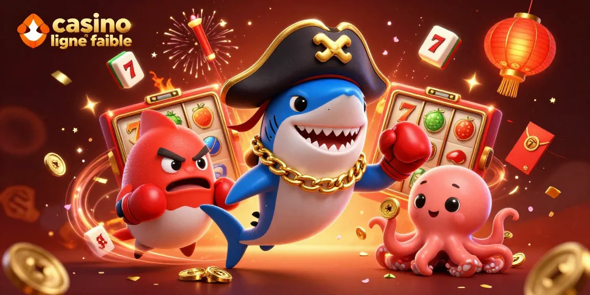 Illustration dynamique d'une scène de casino en ligne fiable avec un requin pirate et ses amis.