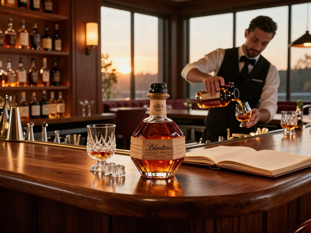 Blanton's Single Barrel Bourbon bottle on a wooden bar counter, surrounded by whiskey glasses and inviting ambiance, showcasing premium bourbon tasting experience.