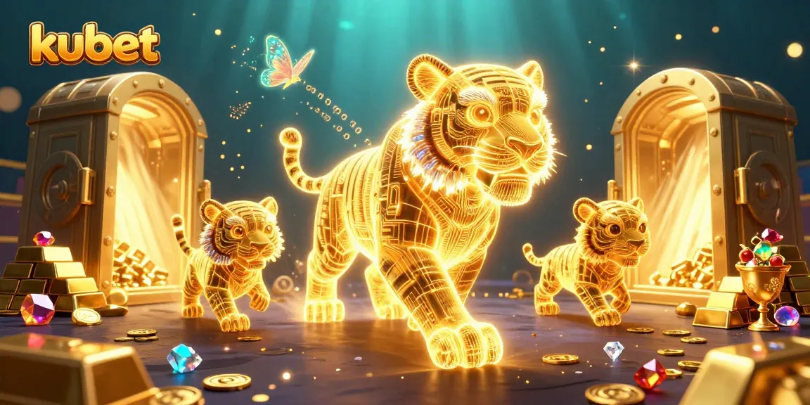 Kubet offers an exciting casino experience with a glowing golden tiger and treasure, creating a vibrant gaming atmosphere.