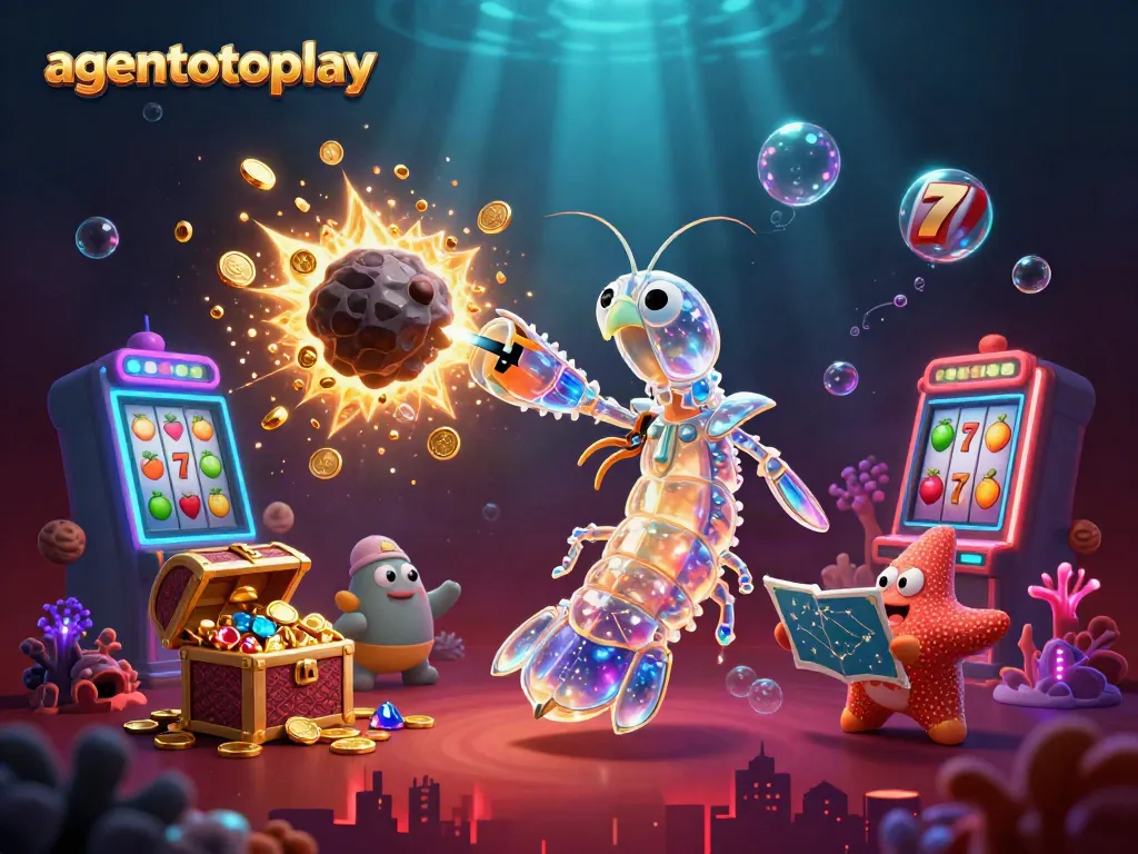 Experience the thrill of agentotoplay with a galactic samurai shrimp amidst exploding treasures and vibrant slots.