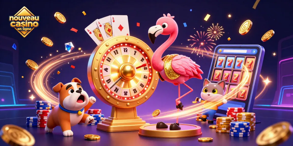 Illustration dynamique d'un nouveau casino en ligne avec un flamant et un bulldog, célébrant les gains !