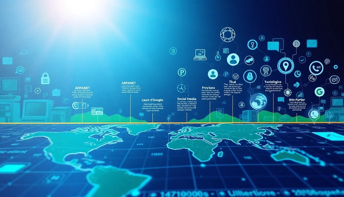 Narrating the influential aspects of internet history through a vibrant digital timeline.