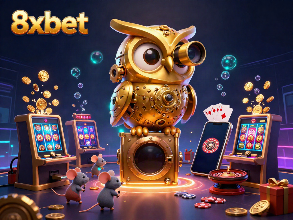 Experience immersive gaming with 8xbet featuring a vibrant casino scene with a golden owl and lively elements.
