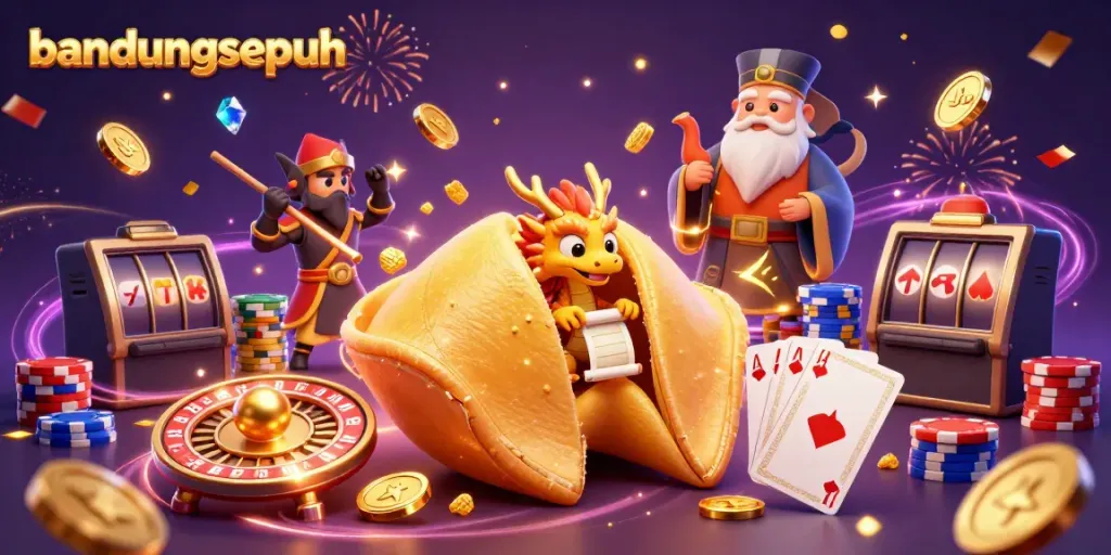 Experience the excitement of bandungsepuh in a dynamic casino-themed illustration with golden elements.