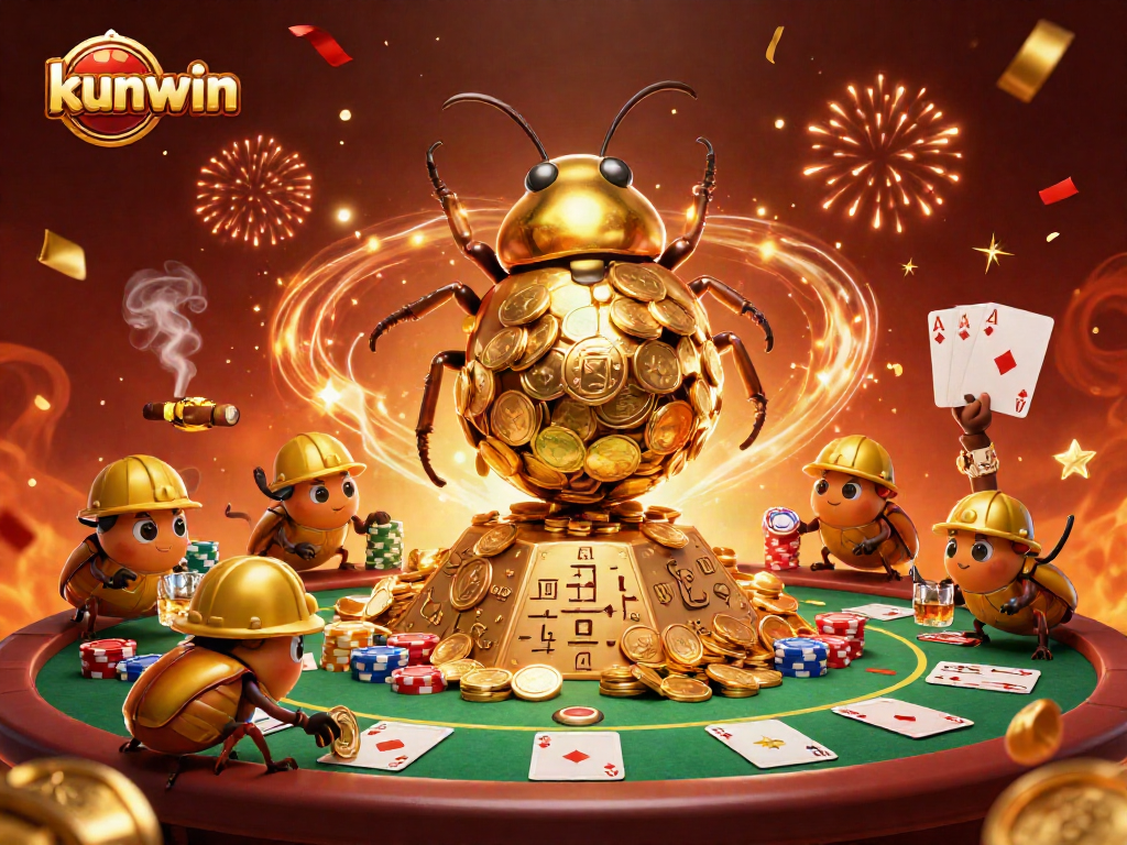 Explore the thrilling kunwin online casino with animated characters rolling golden coins and vibrant gaming elements.