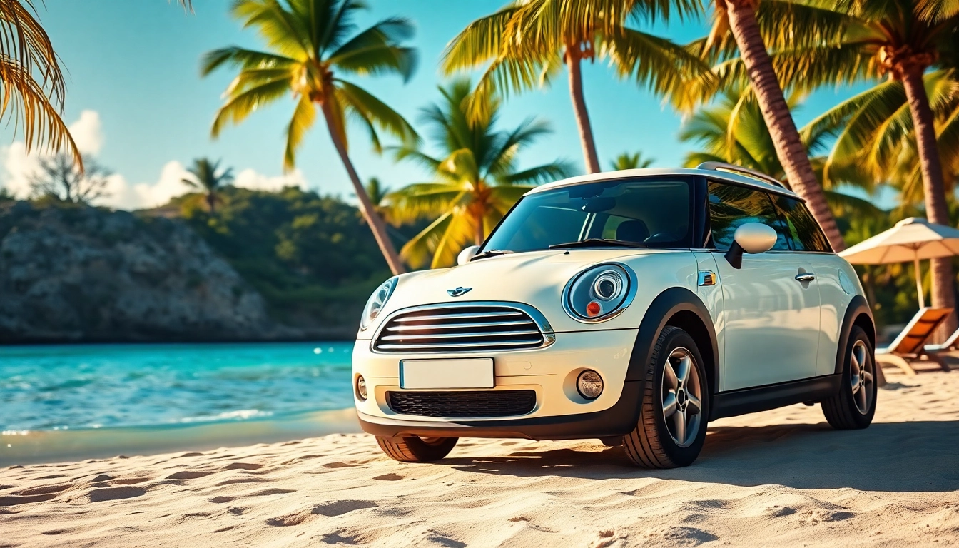 St Barts Mini Cooper rental parked on the serene beach with palm trees and turquoise water.