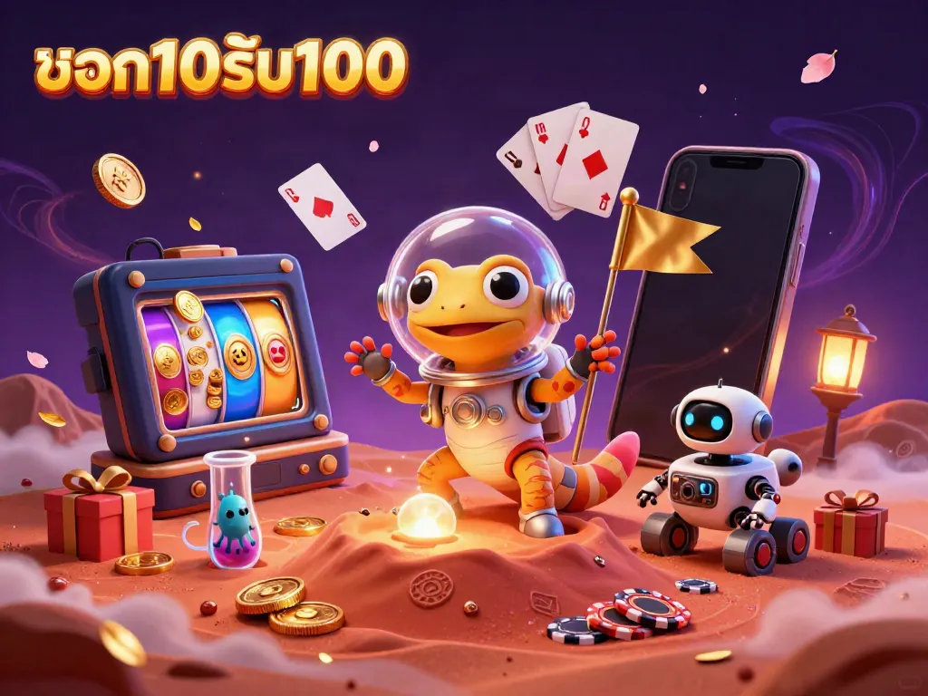 สนุกกับโปรโมชั่นฝาก10รับ100 ในภาพประกอบคาสิโนออนไลน์ที่เต็มไปด้วยสีสันและความตื่นเต้น