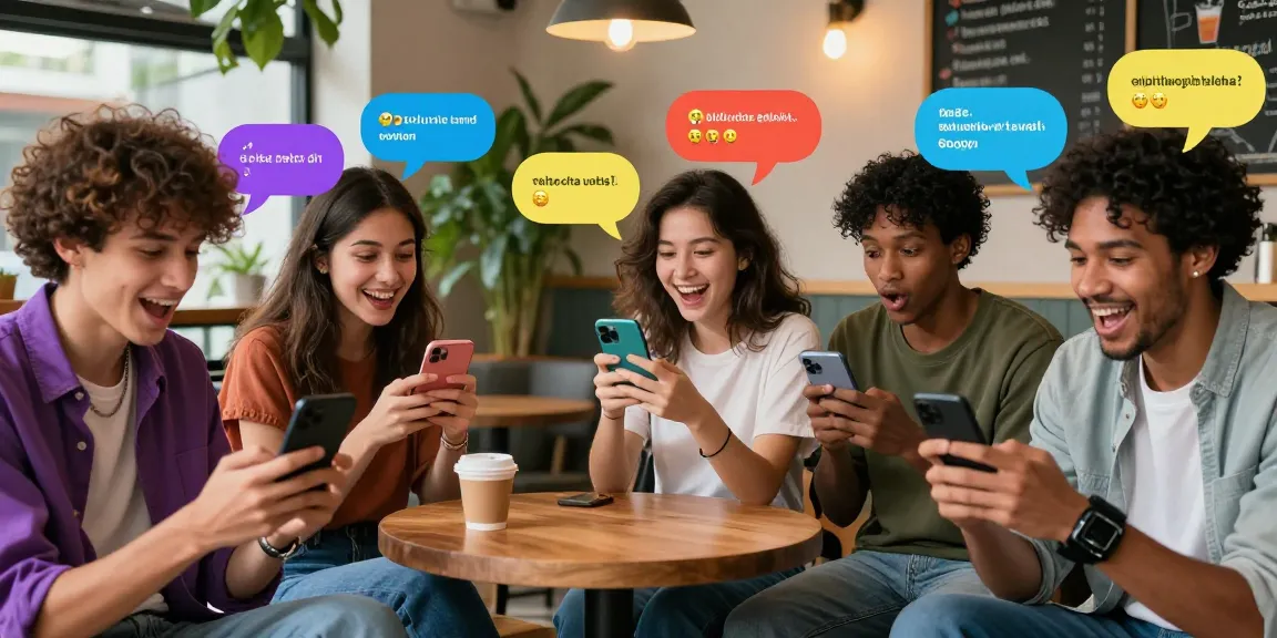 Group of friends enjoying spicy chat ai on smartphones in a lively café setting with colorful speech bubbles.