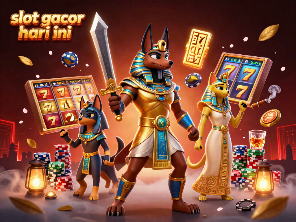 Slot gacor hari ini menampilkan Anubis dan Bastet dalam ilustrasi kasino yang dinamis.