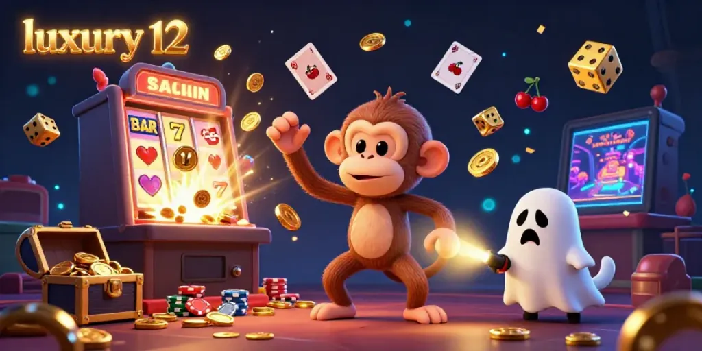 Experience excitement at luxury 12 with a playful poltergeist monkey and a ghost-hunter puppy in a dynamic casino scene.